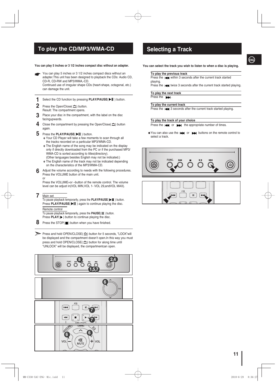 To play the cd/mp3/wma-cd, Selecting a track | Samsung MM-C330 User Manual | Page 11 / 27