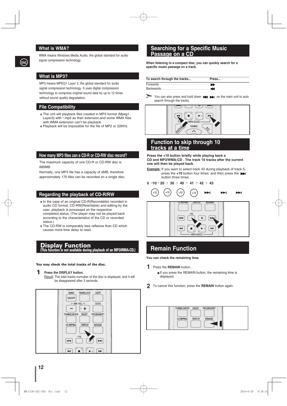 Display function, Searching for a specific musicpassage on a cd, Function to skip through 10tracks at a time | Remain function, 12 remain function display function, Searching for a specific music passage on a cd, Function to skip through 10 tracks at a time | Samsung MM-C330 User Manual | Page 12 / 27