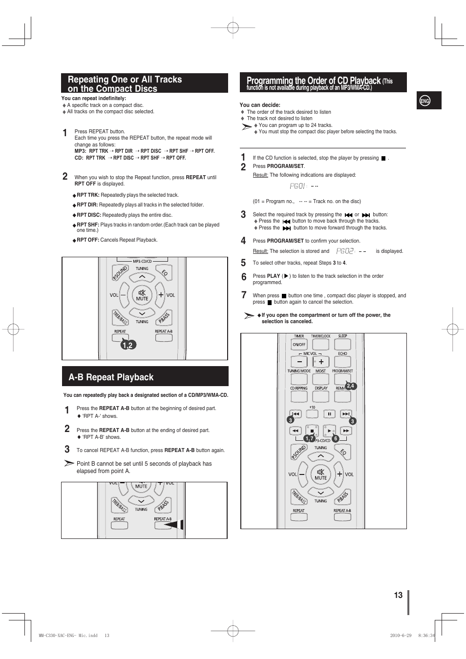 Repeating one or all trackson the compact discs, A-b repeat playback, Programming the order of cd playback | 12 3 programming the order of cd playback, Repeating one or all tracks on the compact discs | Samsung MM-C330 User Manual | Page 13 / 27