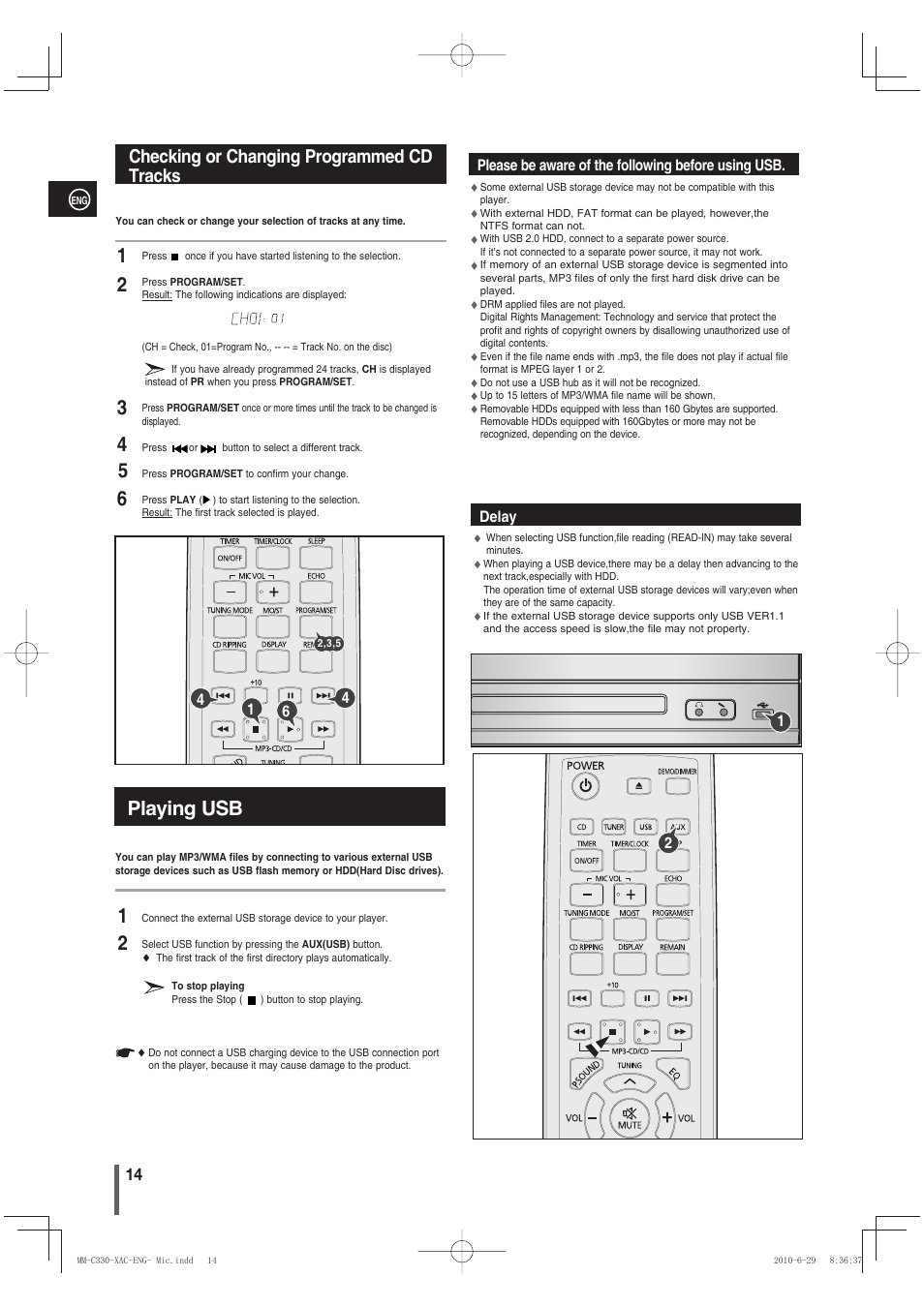 Checking or changing programmed cdtracks, Playing usb, Checking or changing programmed cd tracks | Samsung MM-C330 User Manual | Page 14 / 27