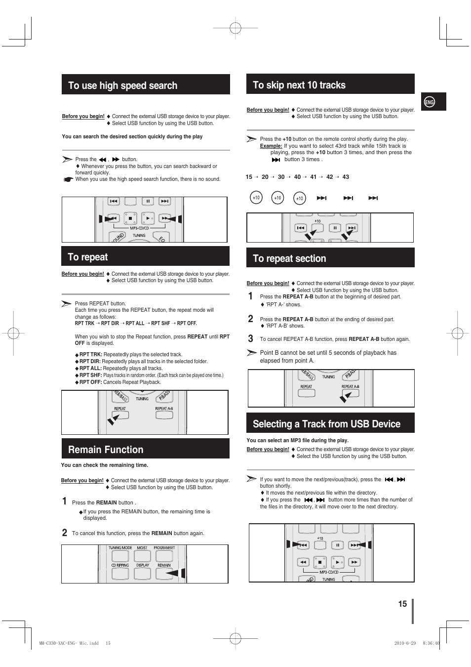 To use high speed search, To repeat, Remain function | To skip next 10 tracks, To repeat section, Selecting a track from usb device, 12 remain function | Samsung MM-C330 User Manual | Page 15 / 27