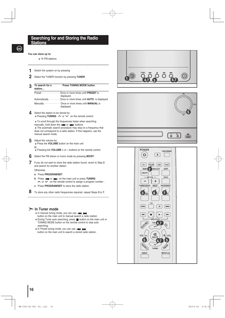 Searching for and storing the radiostations, Searching for and storing the radio stations | Samsung MM-C330 User Manual | Page 16 / 27