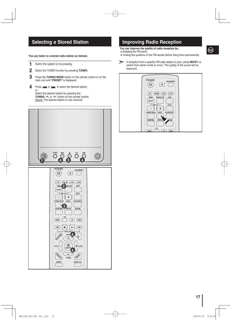 Selecting a stored station, Improving radio reception | Samsung MM-C330 User Manual | Page 17 / 27