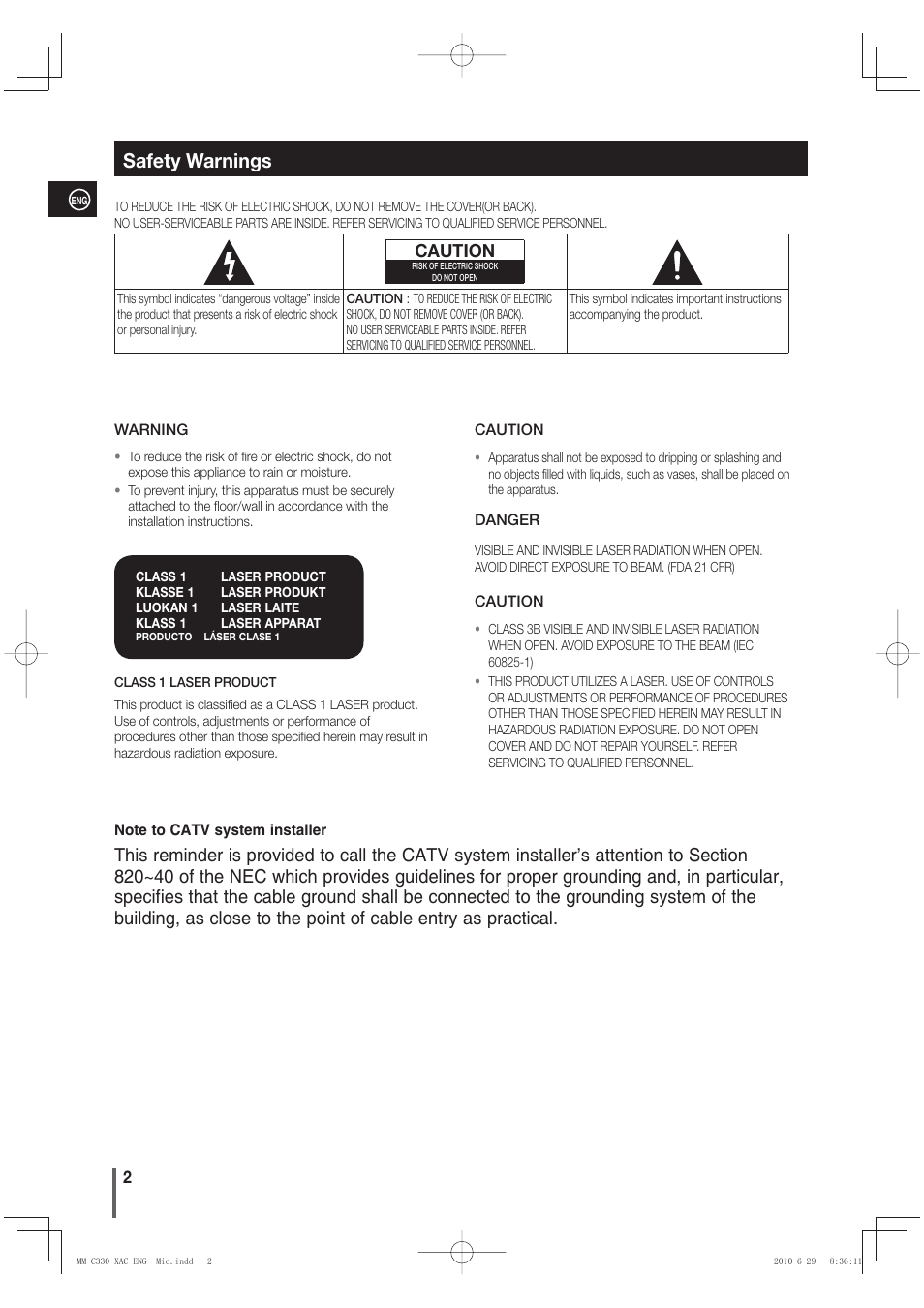 Safety warnings, Caution | Samsung MM-C330 User Manual | Page 2 / 27