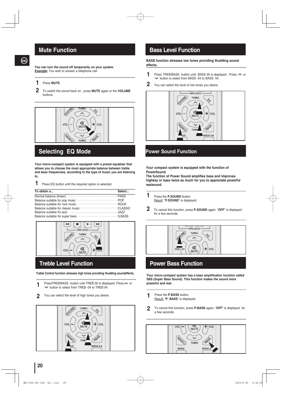 Mute function, Selecting eq mode, Bass level function | Power sound function, Power bass function, Mute function 2 1, Selecting eq mode 1 treble level function, 1 2 power bass function | Samsung MM-C330 User Manual | Page 20 / 27