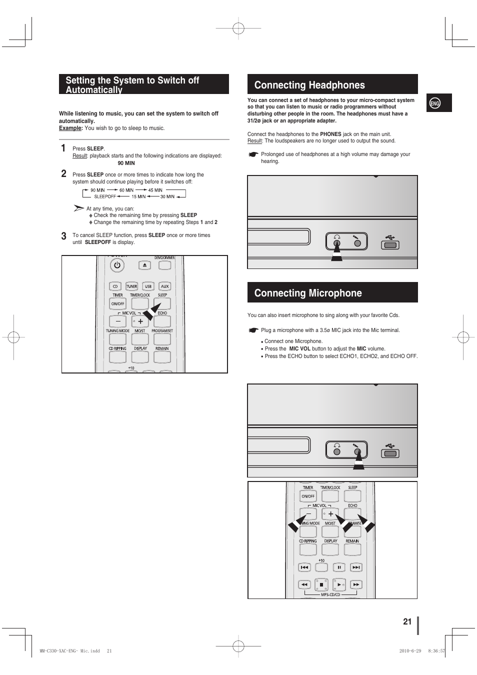 Setting the system to switch offautomatically, Connecting headphones, Connecting microphone | Connecting headphones connecting microphone, Setting the system to switch off automatically | Samsung MM-C330 User Manual | Page 21 / 27