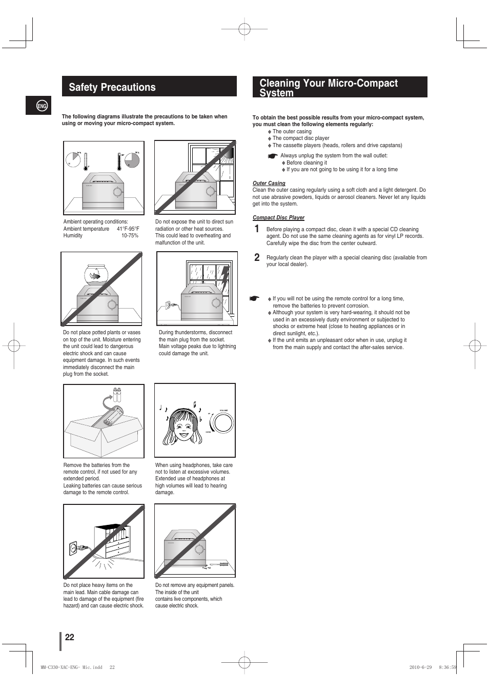 Safety precautions, Cleaning your micro-compactsystem, Cleaning your micro-compact system 1 2 | Samsung MM-C330 User Manual | Page 22 / 27