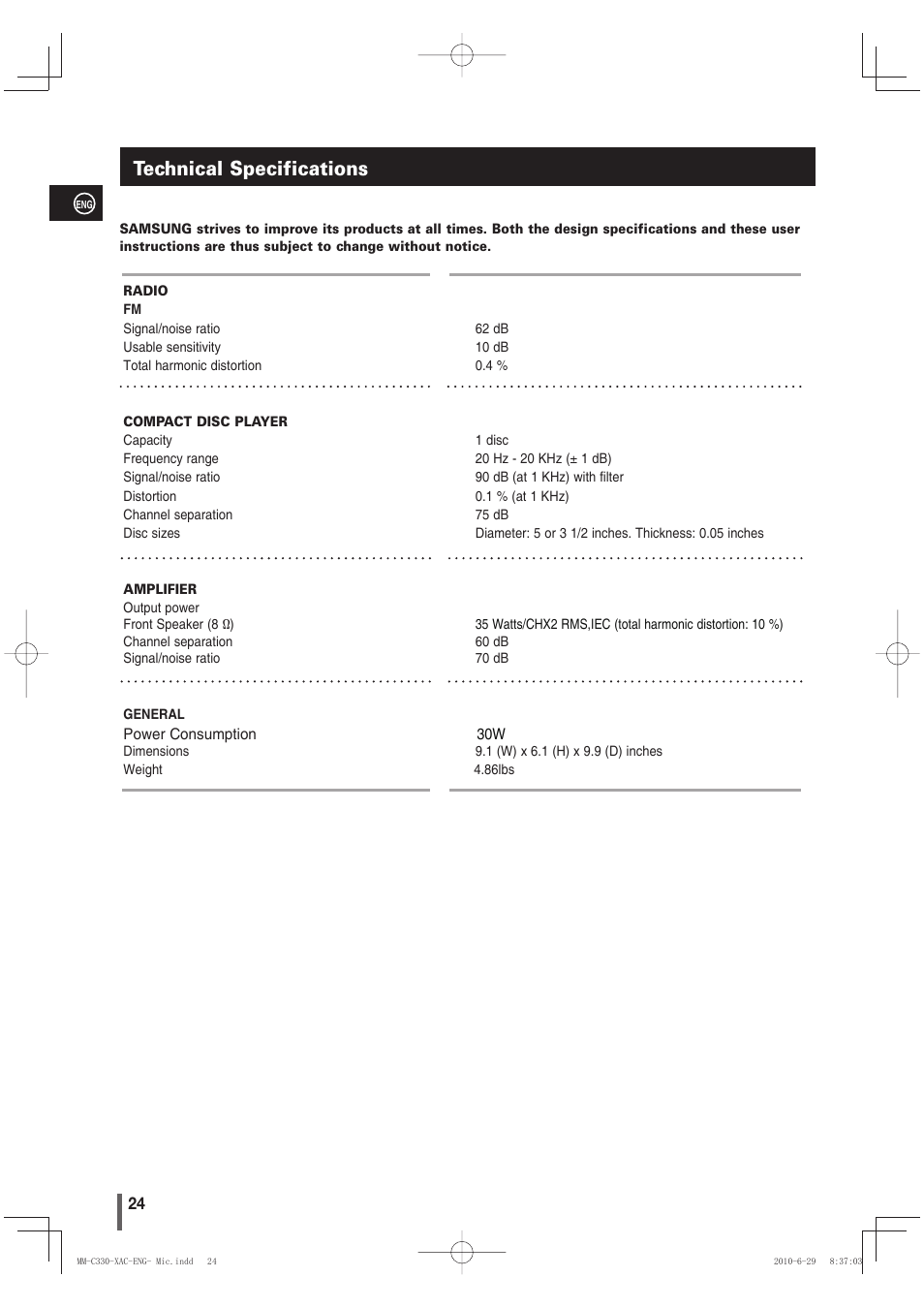 Technical specifications | Samsung MM-C330 User Manual | Page 24 / 27