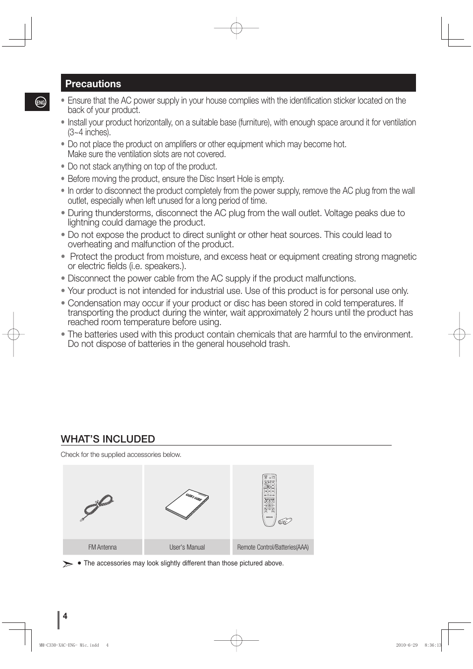 Precautions | Samsung MM-C330 User Manual | Page 4 / 27