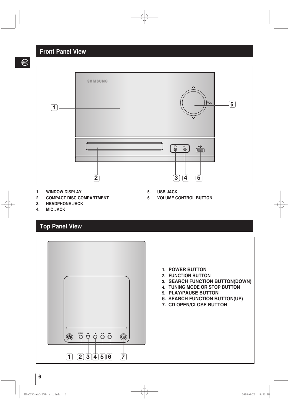 Front panel view, Top panel view, Front panel view top panel view | Samsung MM-C330 User Manual | Page 6 / 27