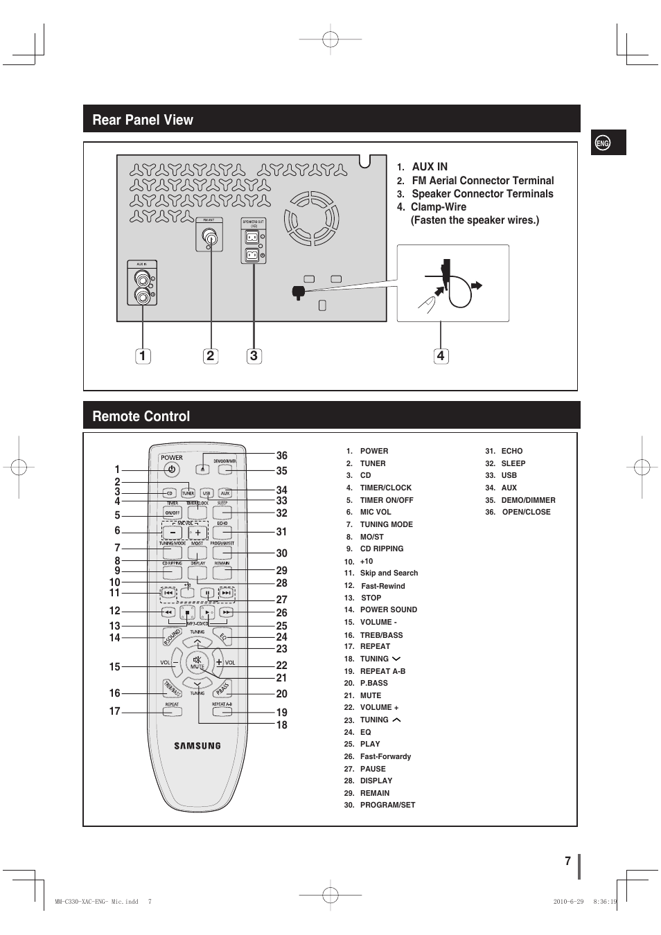 Rear panel view, Remote control, Rear panel view remote control | Samsung MM-C330 User Manual | Page 7 / 27