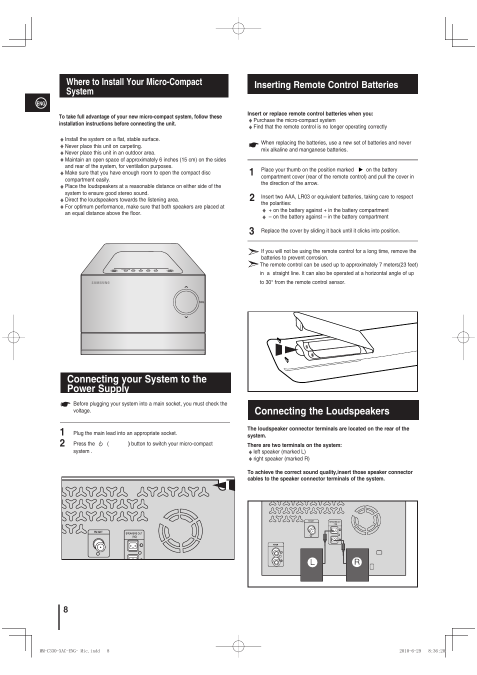 Where to install your micro-compactsystem, Connecting your system to thepower supply, Inserting remote control batteries | Connecting the loudspeakers, Connecting your system to the power supply, Where to install your micro-compact system | Samsung MM-C330 User Manual | Page 8 / 27