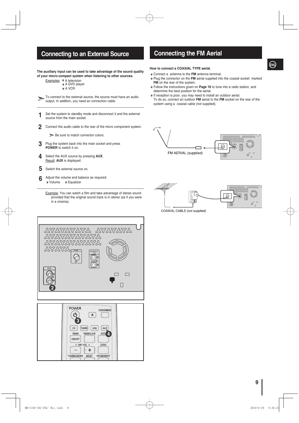 Connecting to an external source, Connecting the fm aerial, Connecting to an external source 1 2 3 | Samsung MM-C330 User Manual | Page 9 / 27