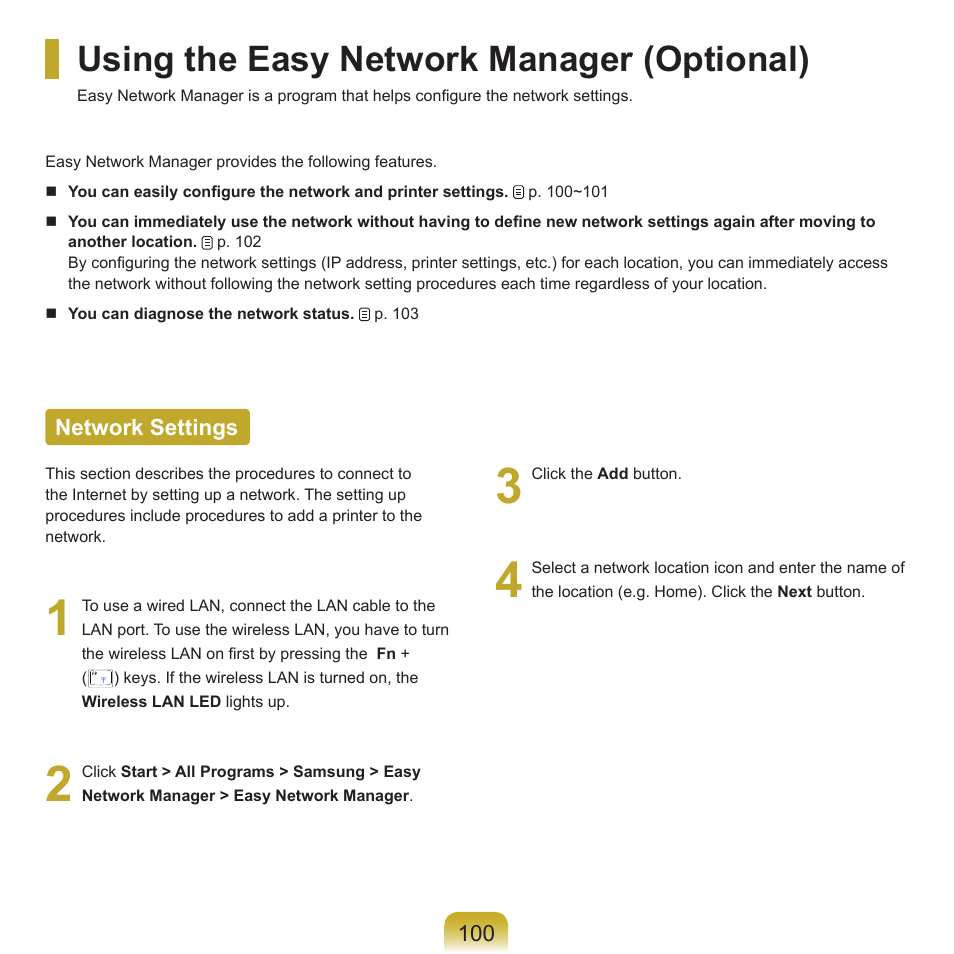Using the easy network manager, Network settings, Using the easy network manager (optional) | Samsung Q45c User Manual | Page 101 / 199