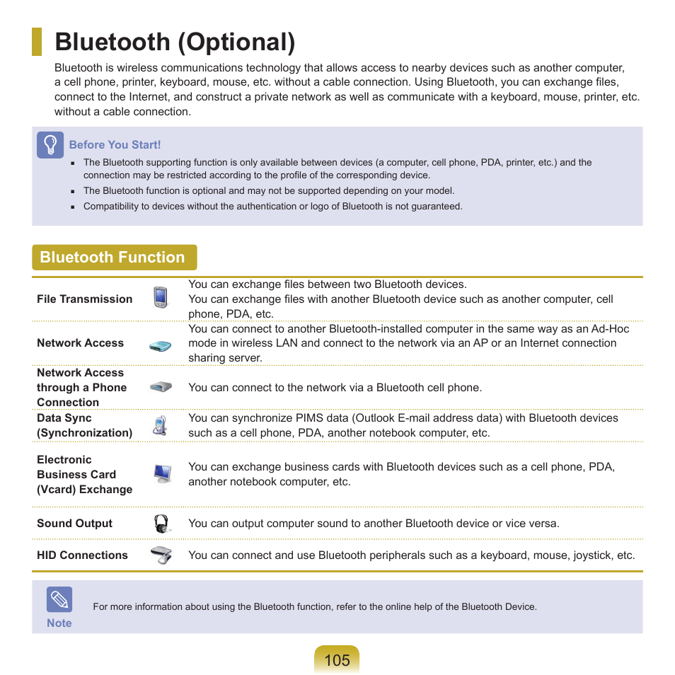 Bluetooth (optional), Bluetooth function | Samsung Q45c User Manual | Page 106 / 199