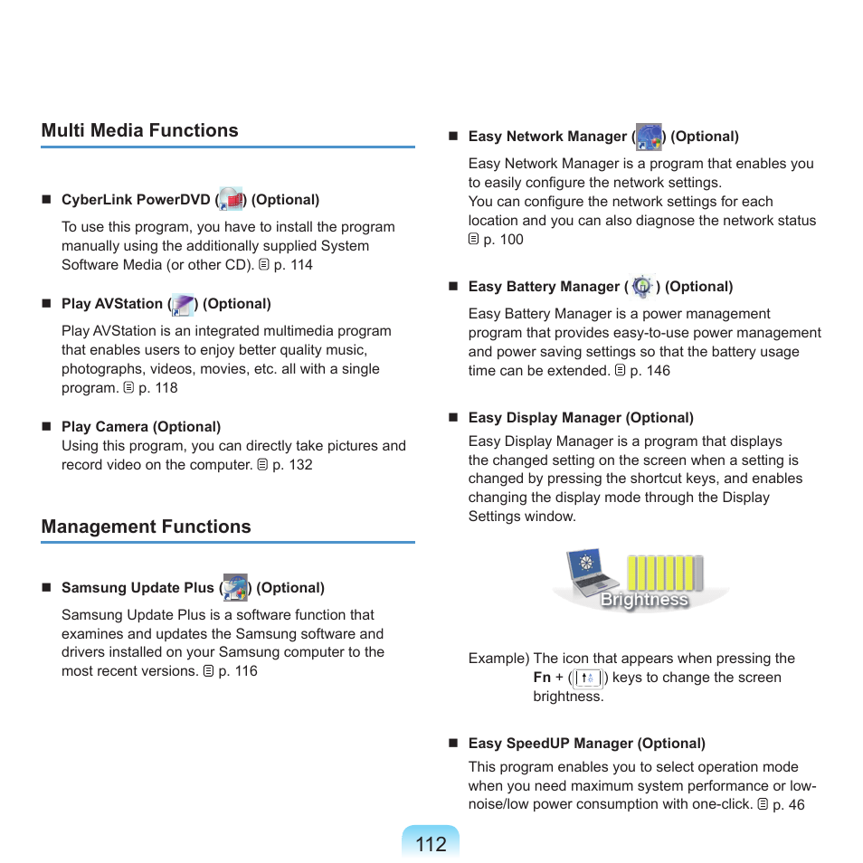 Multi media functions, Management functions | Samsung Q45c User Manual | Page 113 / 199