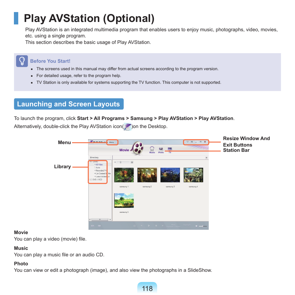 Play avstation (optional), Launching and screen layouts | Samsung Q45c User Manual | Page 119 / 199