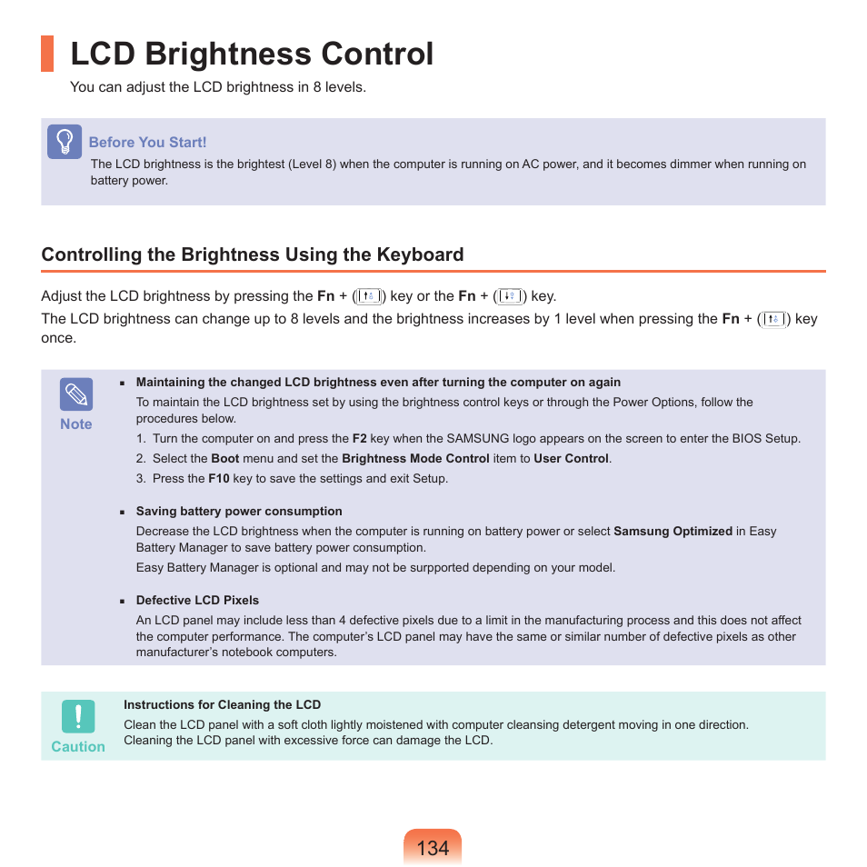 Lcd brightness control, Controlling the brightness using the keyboard | Samsung Q45c User Manual | Page 135 / 199