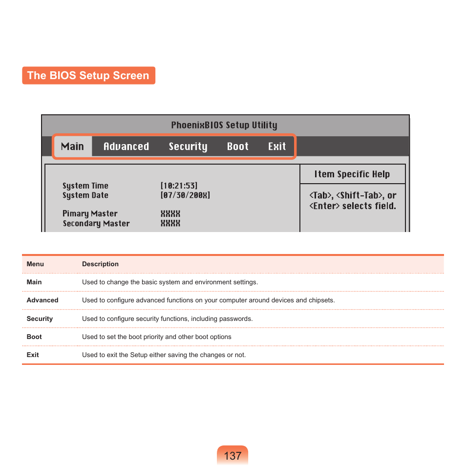 The bios setup screen, 17 the bios setup screen | Samsung Q45c User Manual | Page 138 / 199