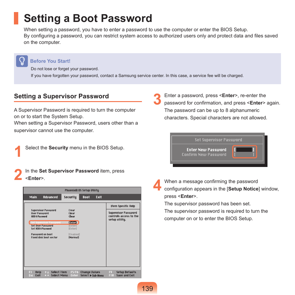 Setting a boot password | Samsung Q45c User Manual | Page 140 / 199
