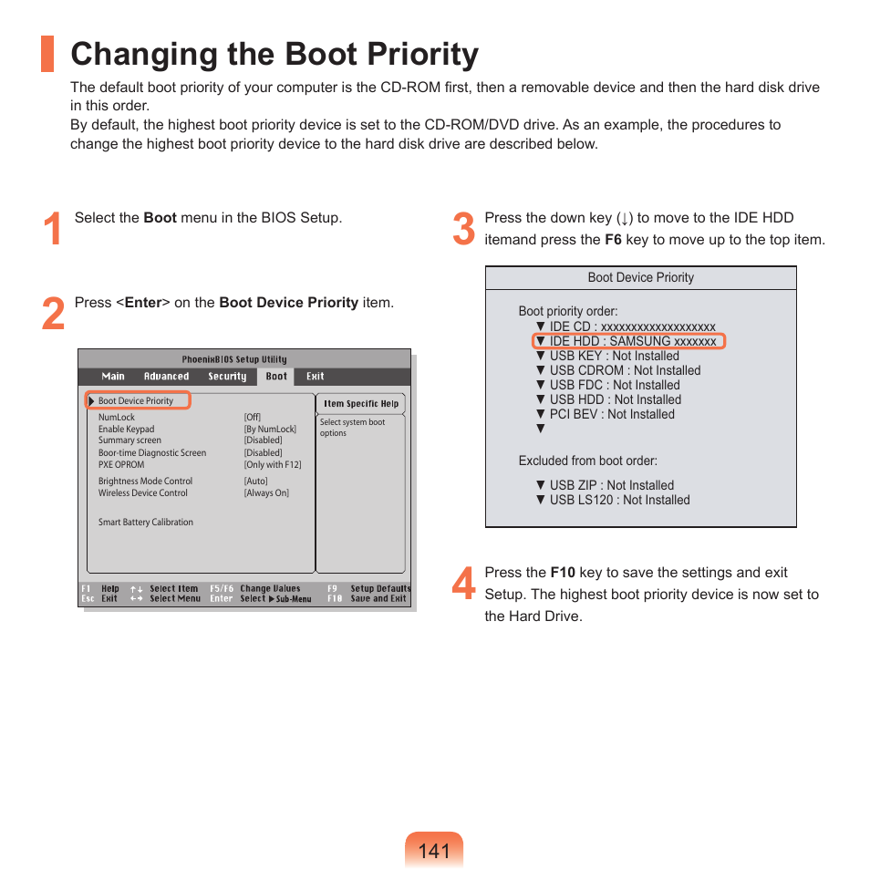 Changing the boot priority | Samsung Q45c User Manual | Page 142 / 199
