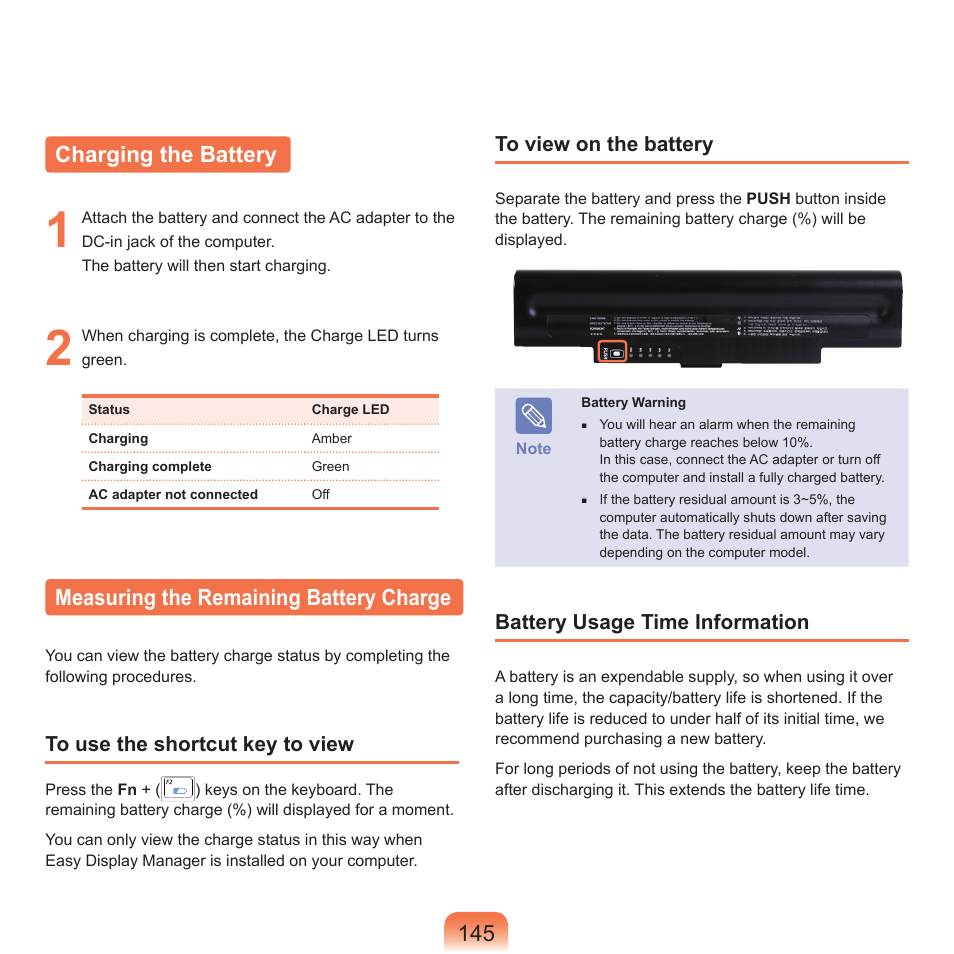 Charging the battery, Measuring the remaining battery charge | Samsung Q45c User Manual | Page 146 / 199