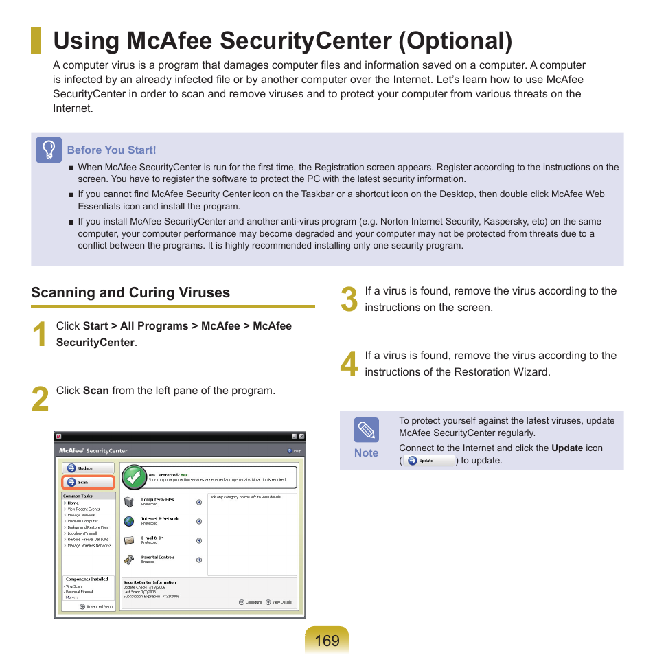 Using mcafee securitycenter (optional) | Samsung Q45c User Manual | Page 170 / 199