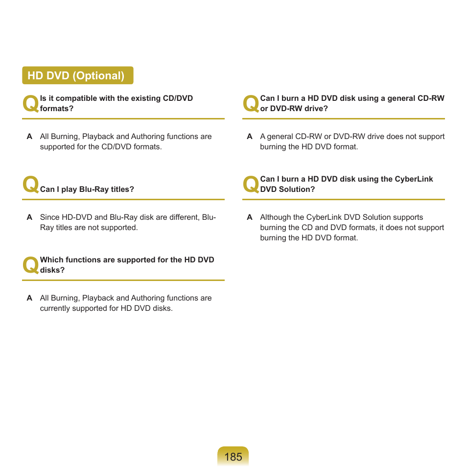 Hd dvd (optional) | Samsung Q45c User Manual | Page 186 / 199