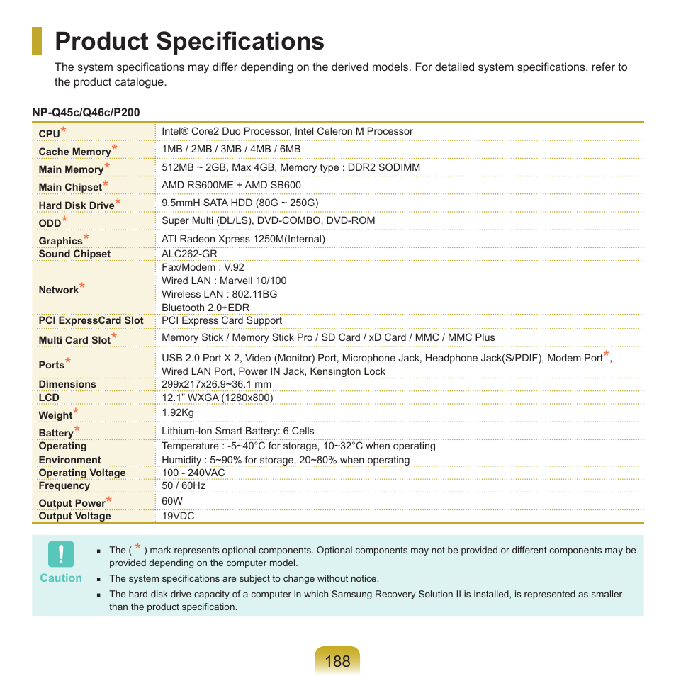Product specifications | Samsung Q45c User Manual | Page 189 / 199