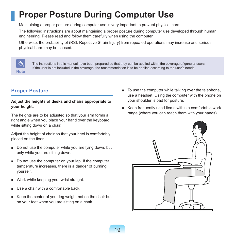 Proper posture during computer use | Samsung Q45c User Manual | Page 20 / 199