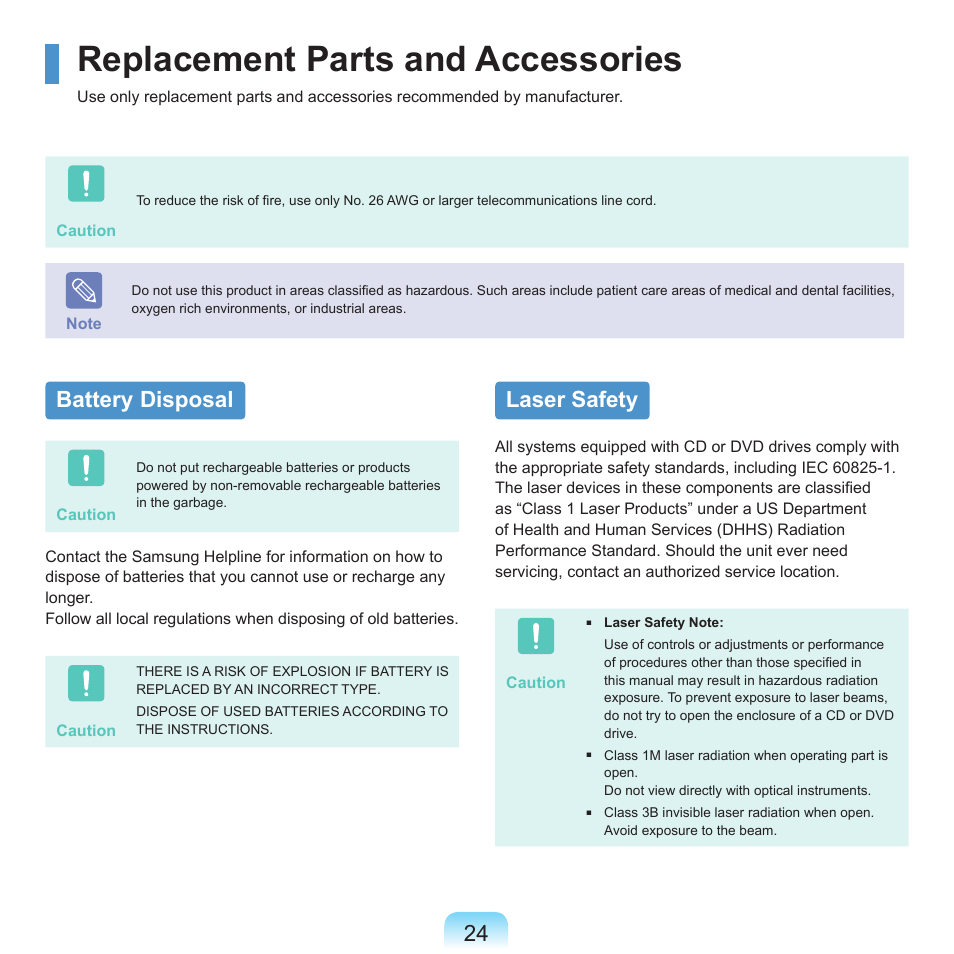 Replacement parts and accessories, Battery disposal, Laser safety | Samsung Q45c User Manual | Page 25 / 199