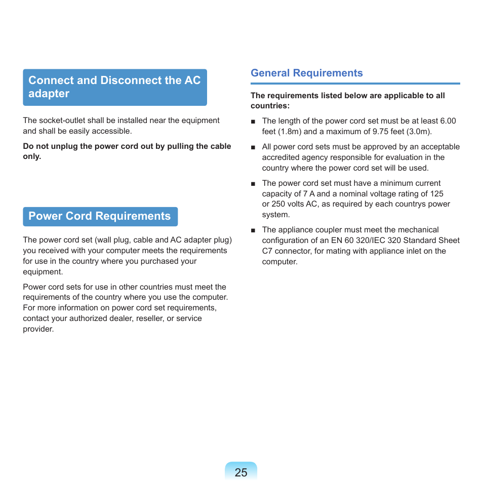 Connect and disconnect the ac adapter, Power cord requirements | Samsung Q45c User Manual | Page 26 / 199