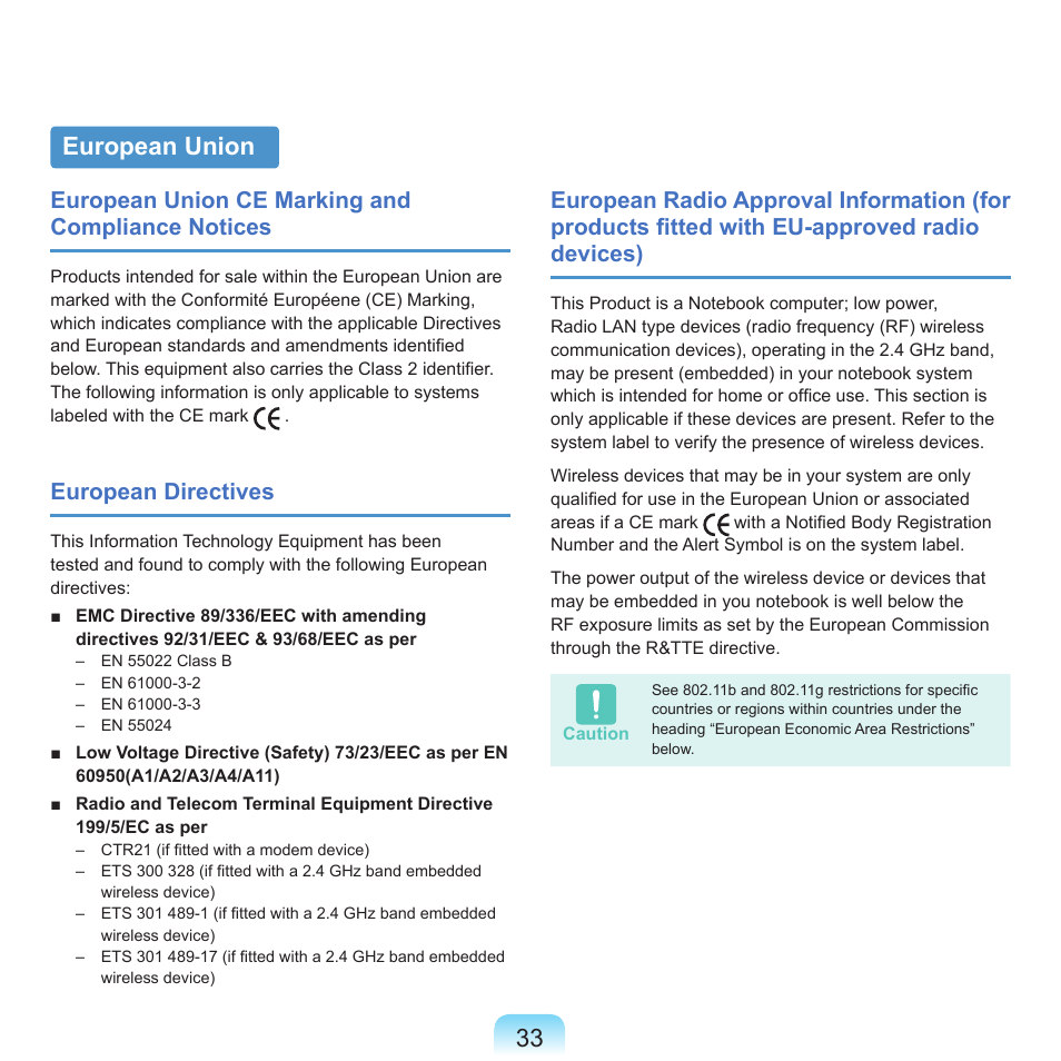 European union, European union ce marking and compliance notices, European directives | Samsung Q45c User Manual | Page 34 / 199