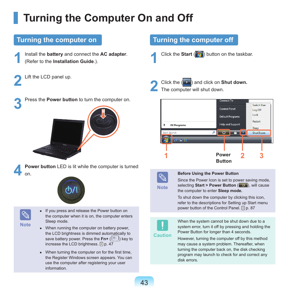 Turning the computer on and off, Turning the computer on, Turning the computer off | Samsung Q45c User Manual | Page 44 / 199