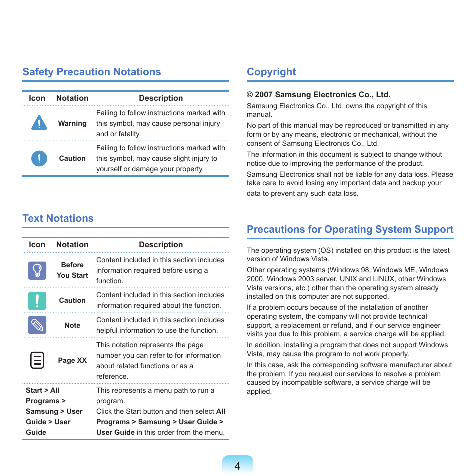 Safety precaution notations, Text notations, Copyright | Precautions for operating system support | Samsung Q45c User Manual | Page 5 / 199
