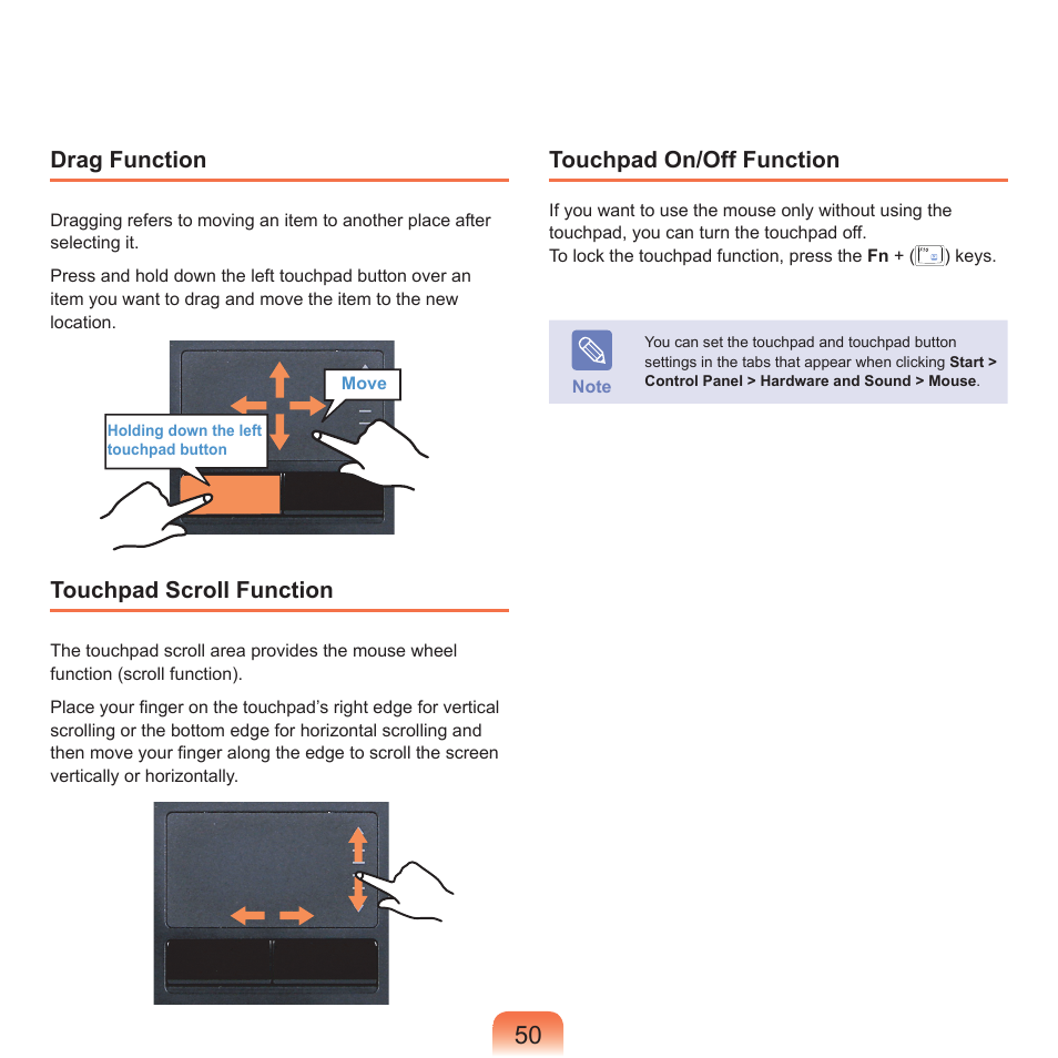 Drag function, Touchpad scroll function, Touchpad on/off function | Samsung Q45c User Manual | Page 51 / 199
