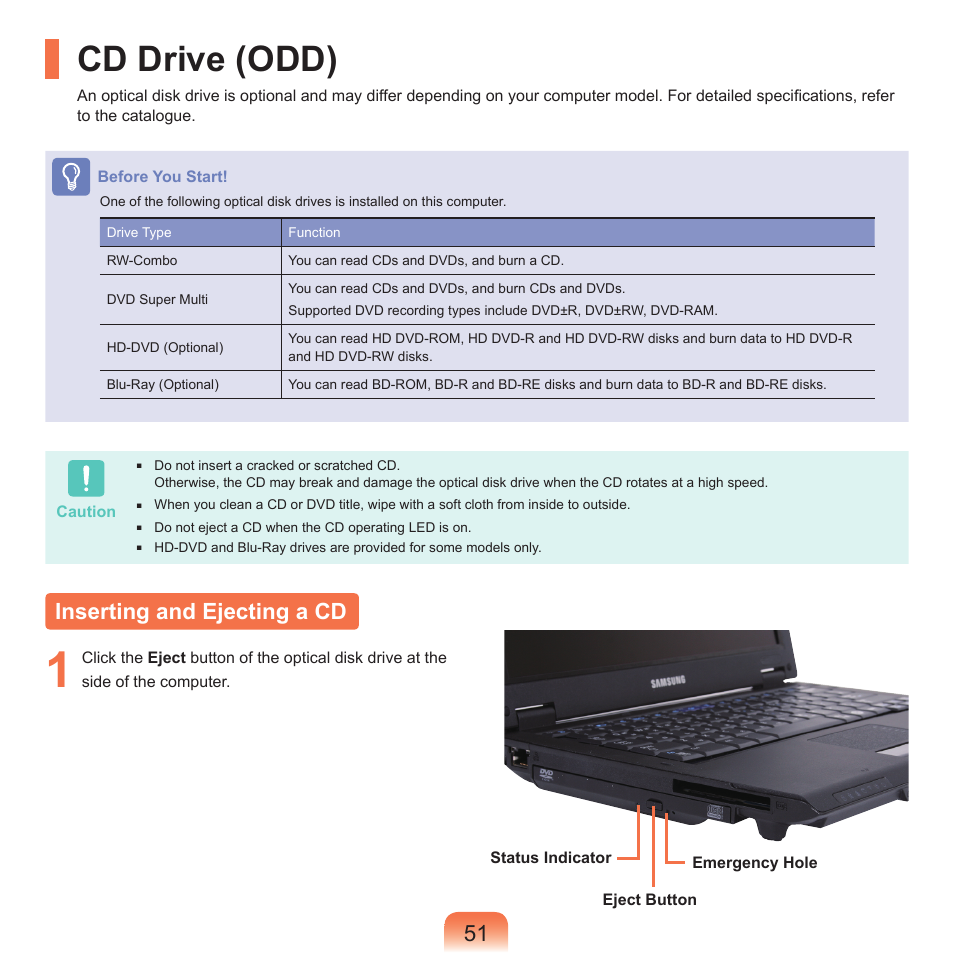 Cd drive (odd), Inserting and ejecting a cd | Samsung Q45c User Manual | Page 52 / 199