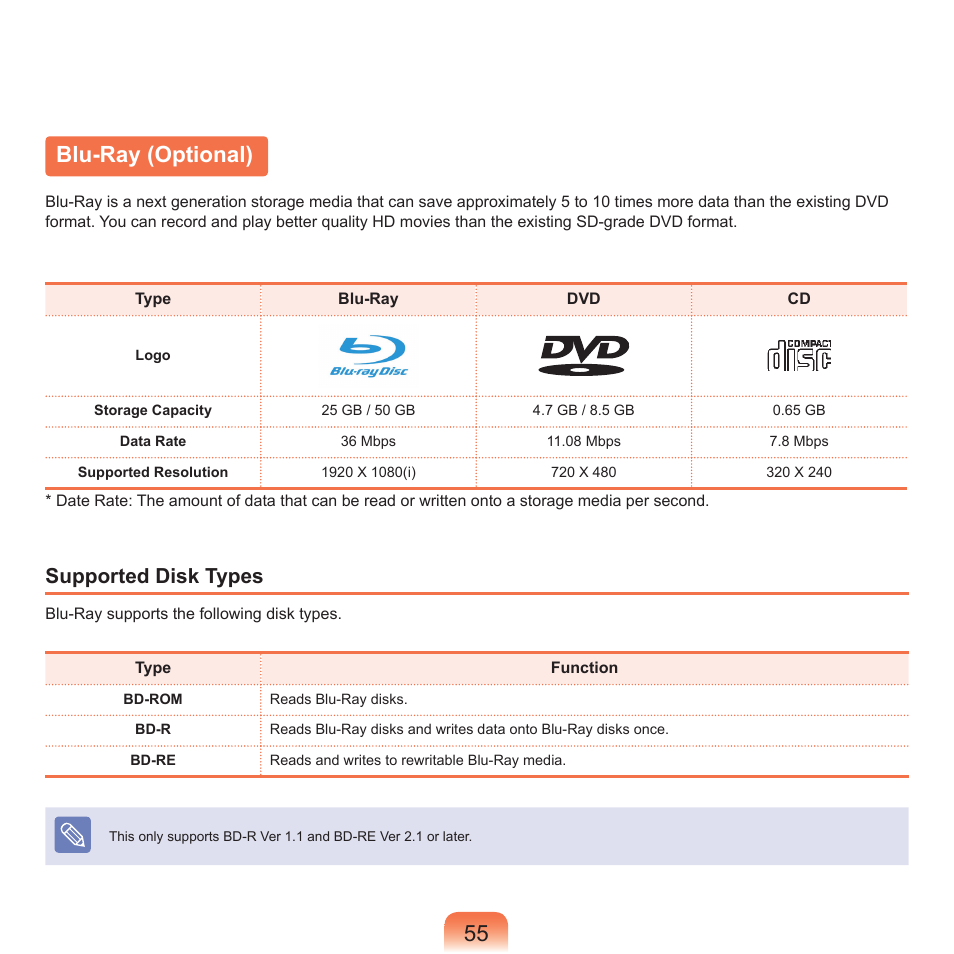 Blu-ray (optional), Supported disk types | Samsung Q45c User Manual | Page 56 / 199