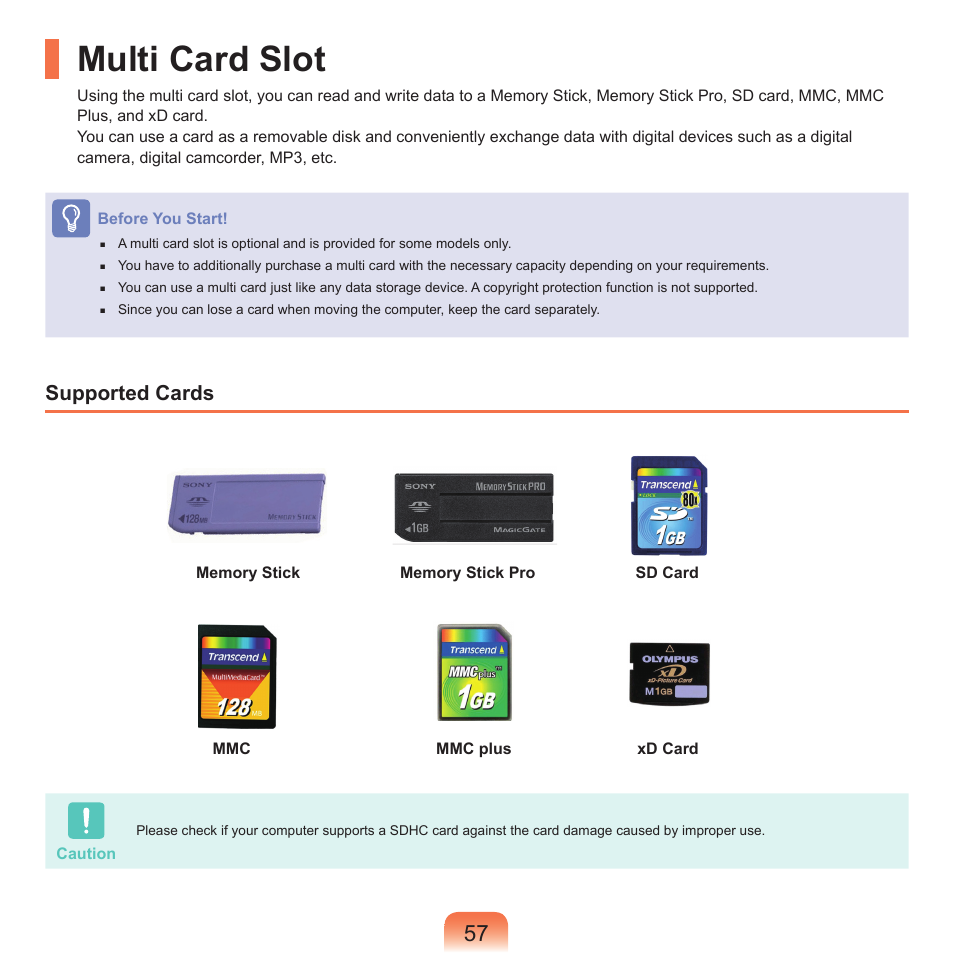 Multi card slot, Supported cards | Samsung Q45c User Manual | Page 58 / 199
