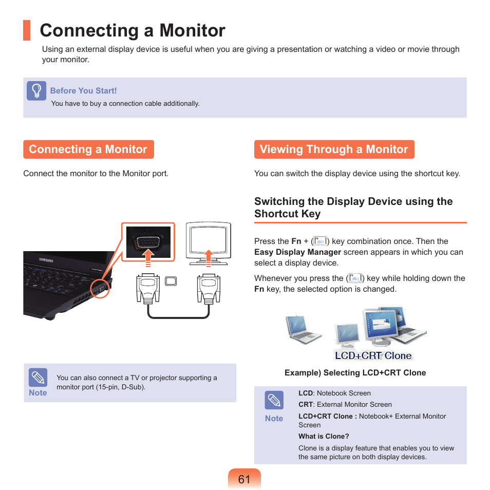 Connecting a monitor, Viewing through a monitor, Connecting a monitor viewing through a monitor | Samsung Q45c User Manual | Page 62 / 199