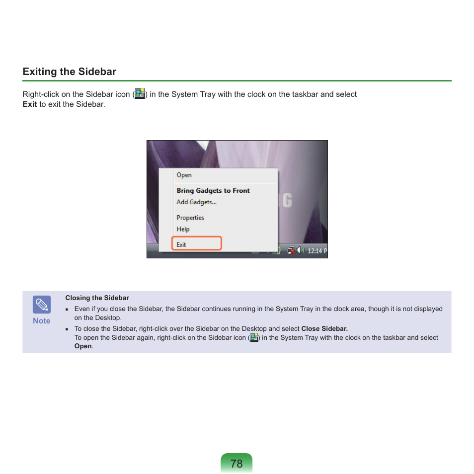 Exiting the sidebar | Samsung Q45c User Manual | Page 79 / 199