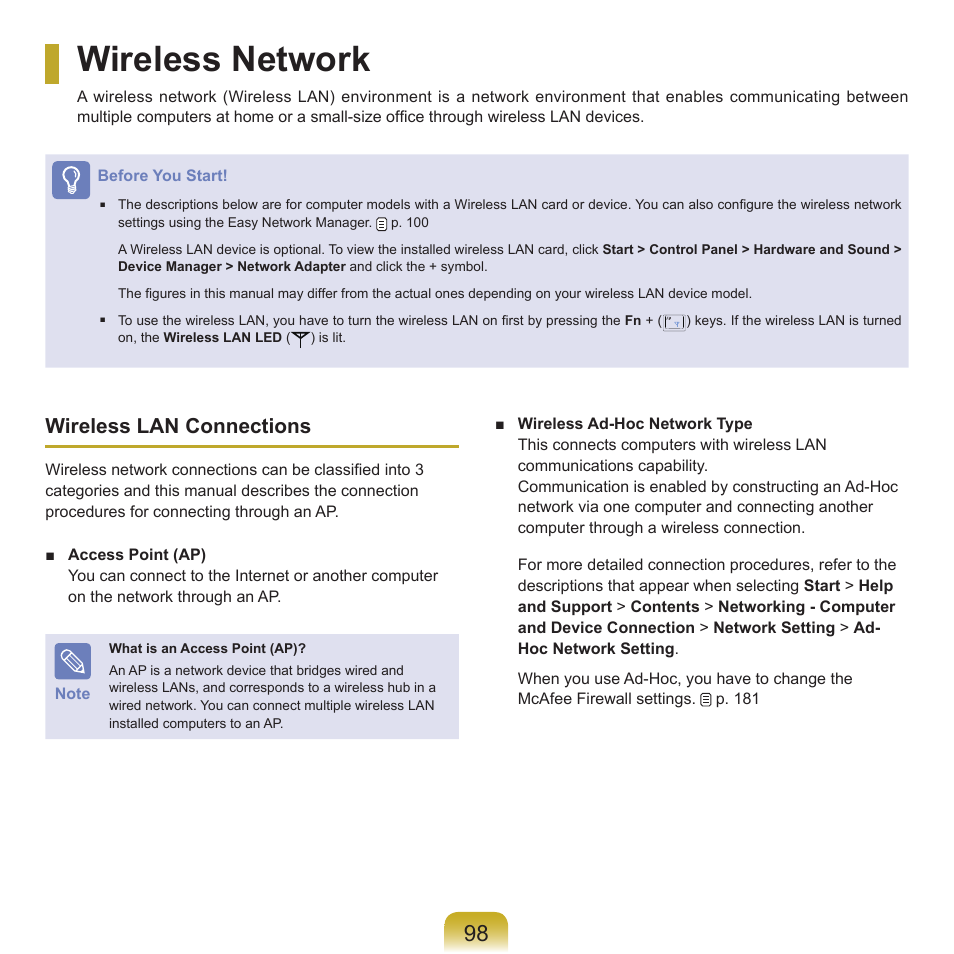 Wireless network, Wireless lan connections | Samsung Q45c User Manual | Page 99 / 199