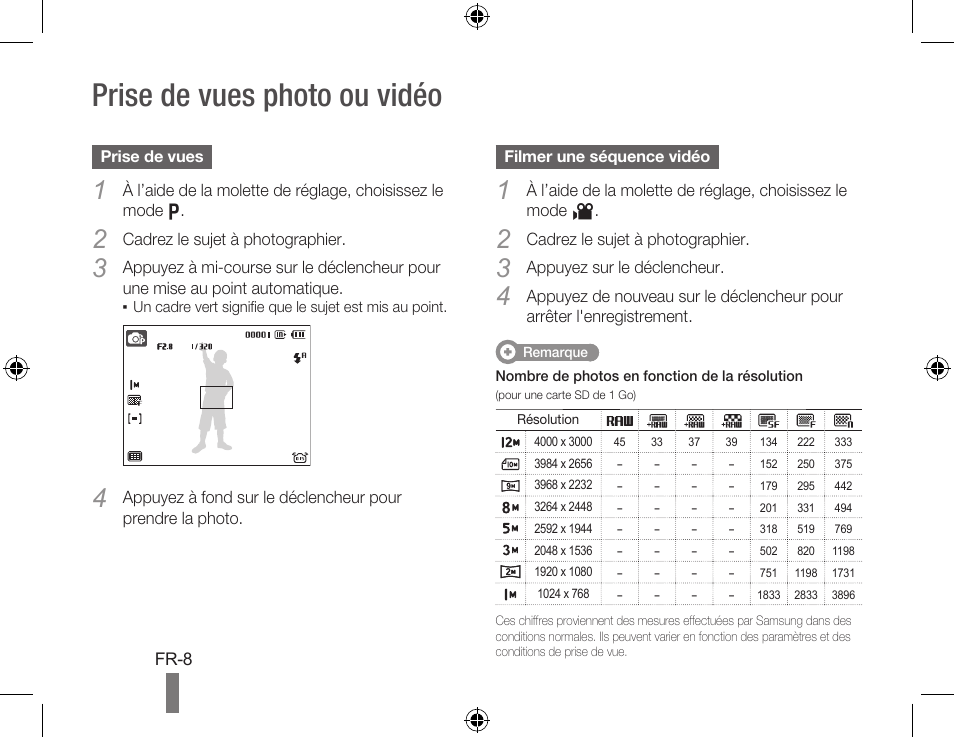 Prise de vues photo ou vidéo | Samsung AD68-04424A User Manual | Page 28 / 34