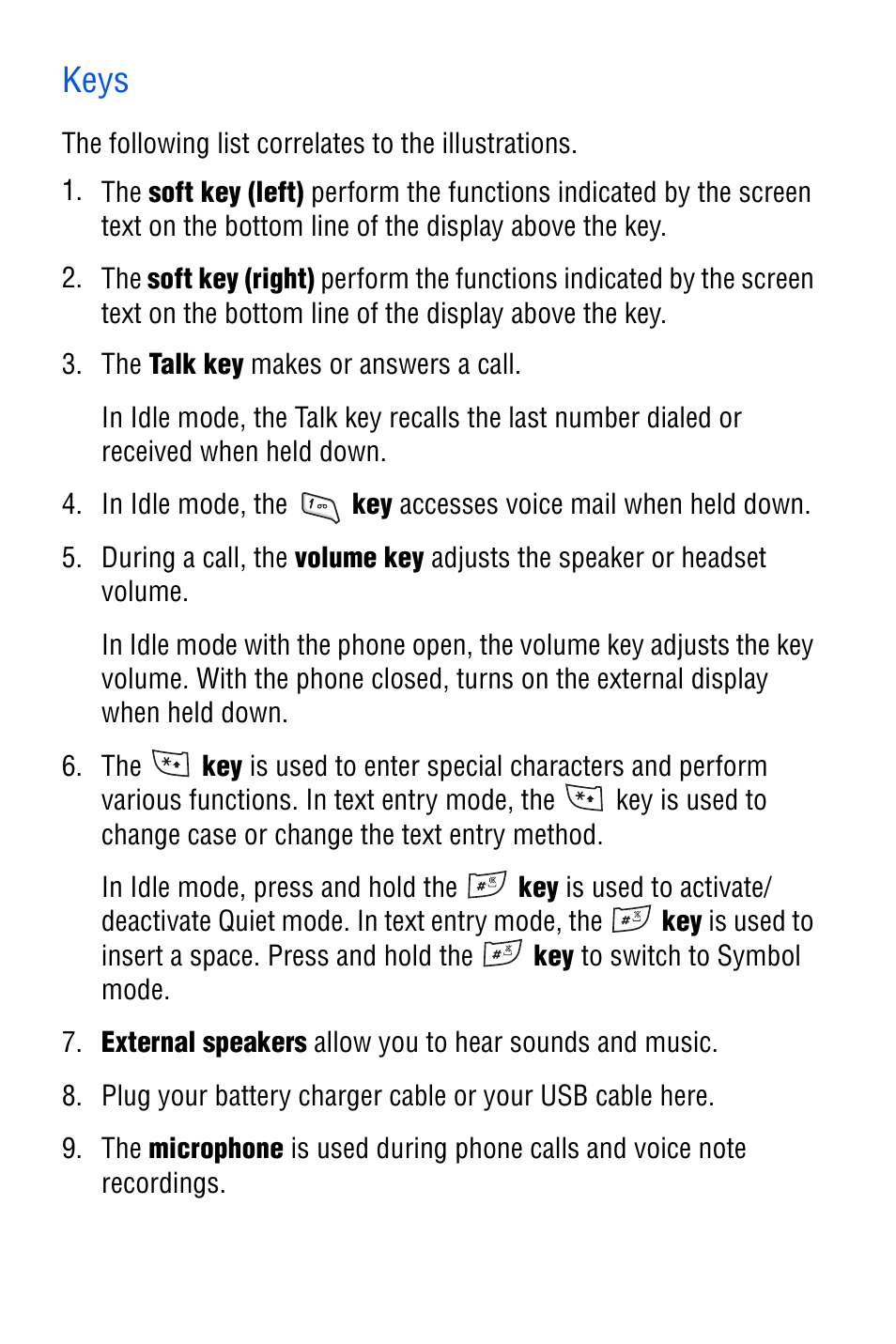 Keys | Samsung SGH-D606 User Manual | Page 11 / 185