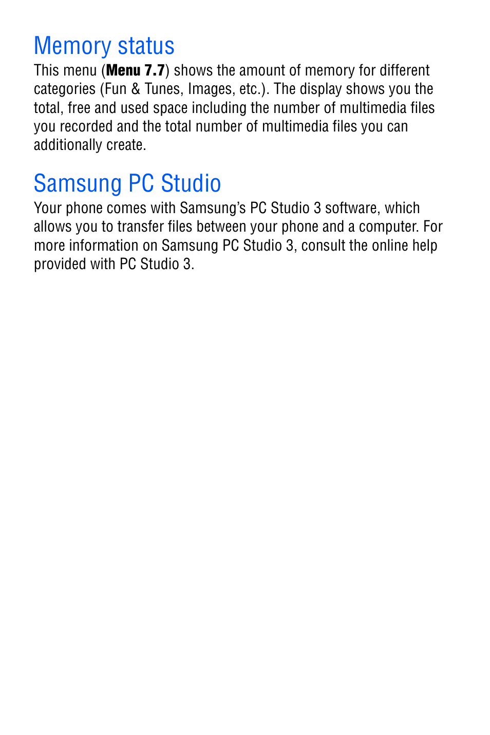 Memory status, Samsung pc studio, Memory status samsung pc studio | Samsung SGH-D606 User Manual | Page 114 / 185