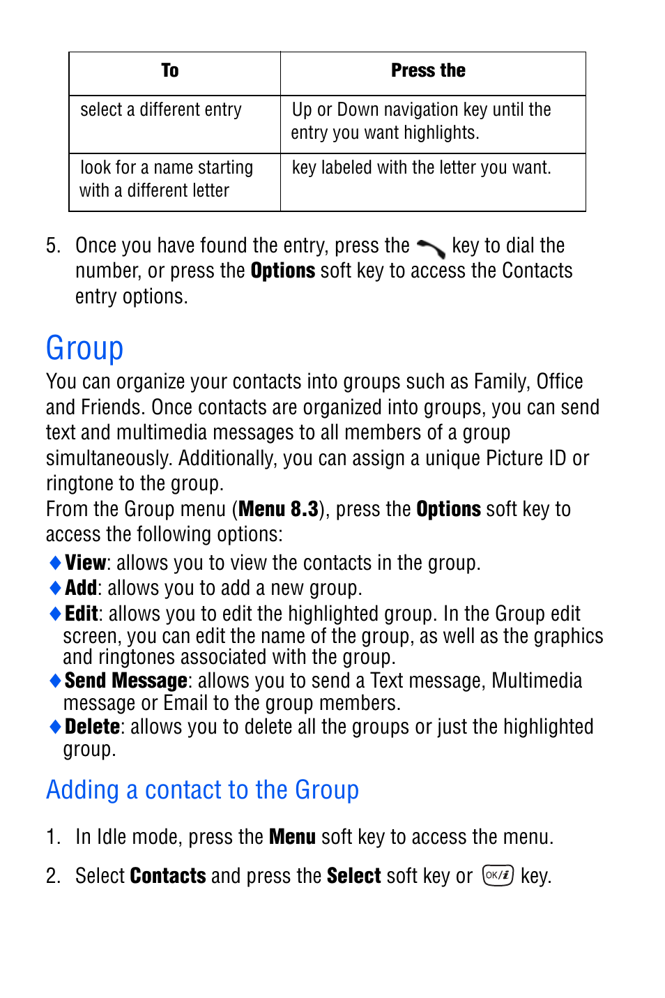 Group, Adding a contact to the group | Samsung SGH-D606 User Manual | Page 119 / 185