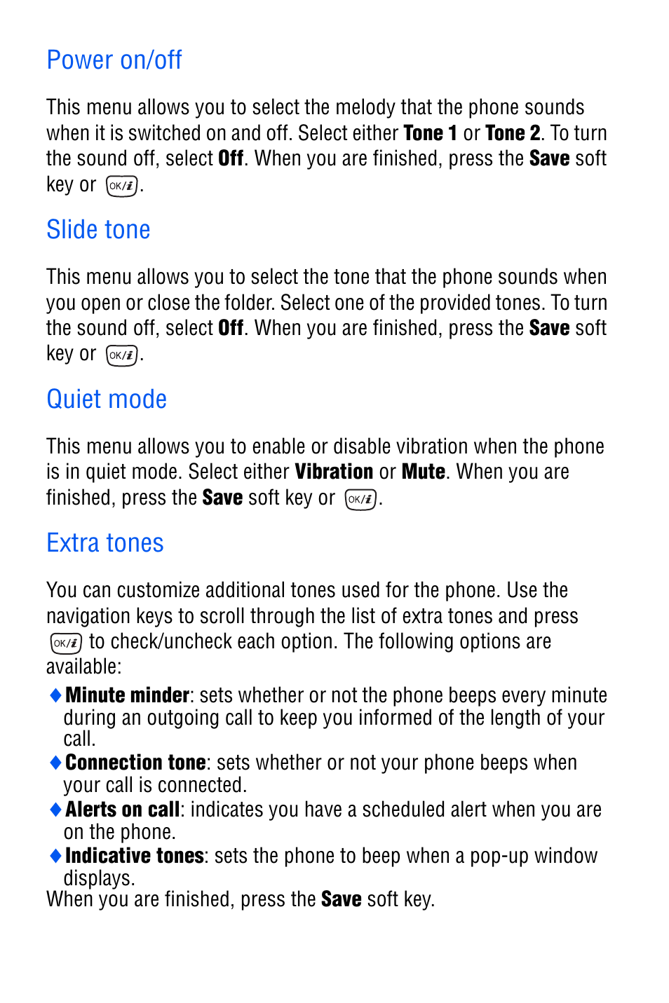 Power on/off, Slide tone, Quiet mode | Extra tones | Samsung SGH-D606 User Manual | Page 136 / 185
