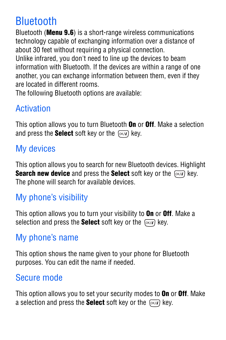 Bluetooth, Activation, My devices | My phone’s visibility, My phone’s name, Secure mode | Samsung SGH-D606 User Manual | Page 141 / 185