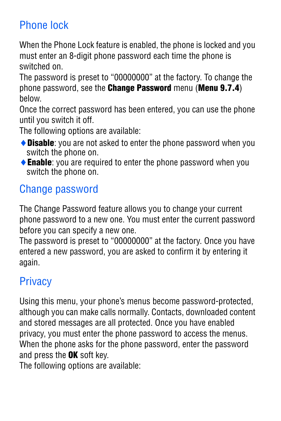 Phone lock, Change password, Privacy | Samsung SGH-D606 User Manual | Page 145 / 185