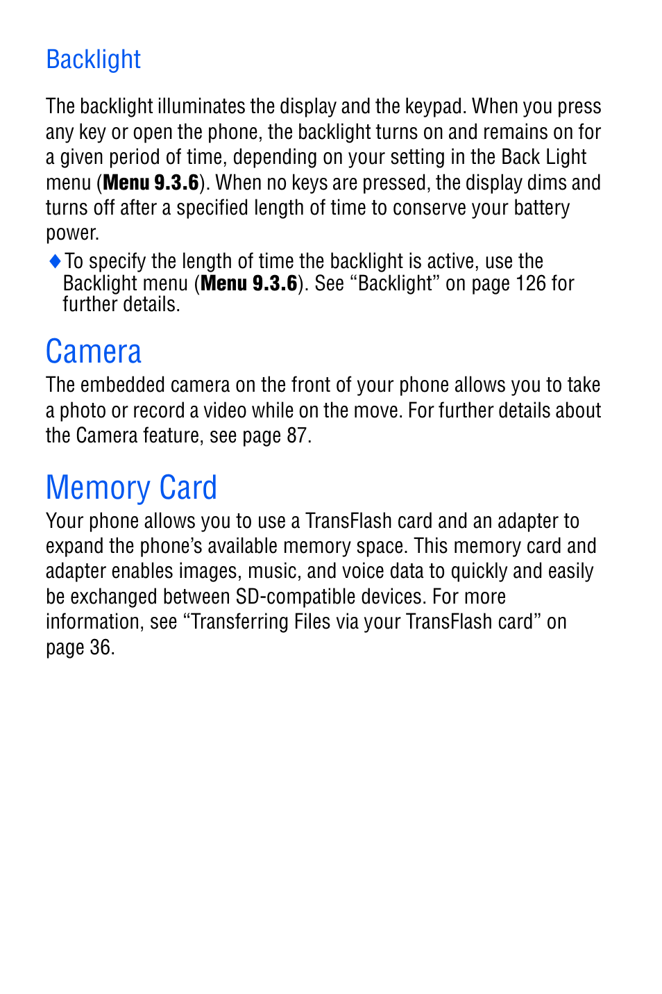 Backlight, Camera, Memory card | Camera memory card | Samsung SGH-D606 User Manual | Page 16 / 185